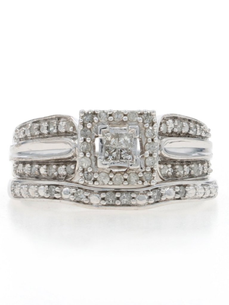 White Gold Diamond Cluster Halo Engagement Ring Wedding Band 10k Princess .25ctw